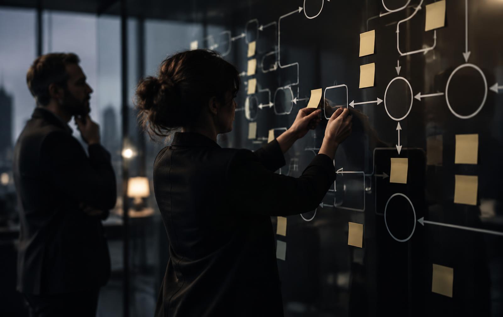 Quadro de melhoria de processos com etapas e post-its sendo organizados à mão